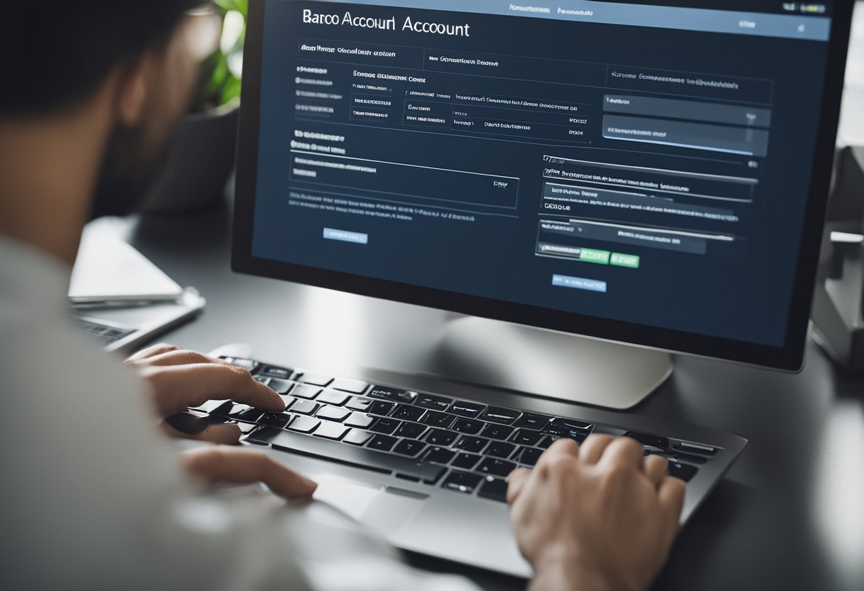 Uma pessoa usando um computador para acessar sua conta do Banco Original, navegando até a seção de cancelamento de conta e confirmando o cancelamento.