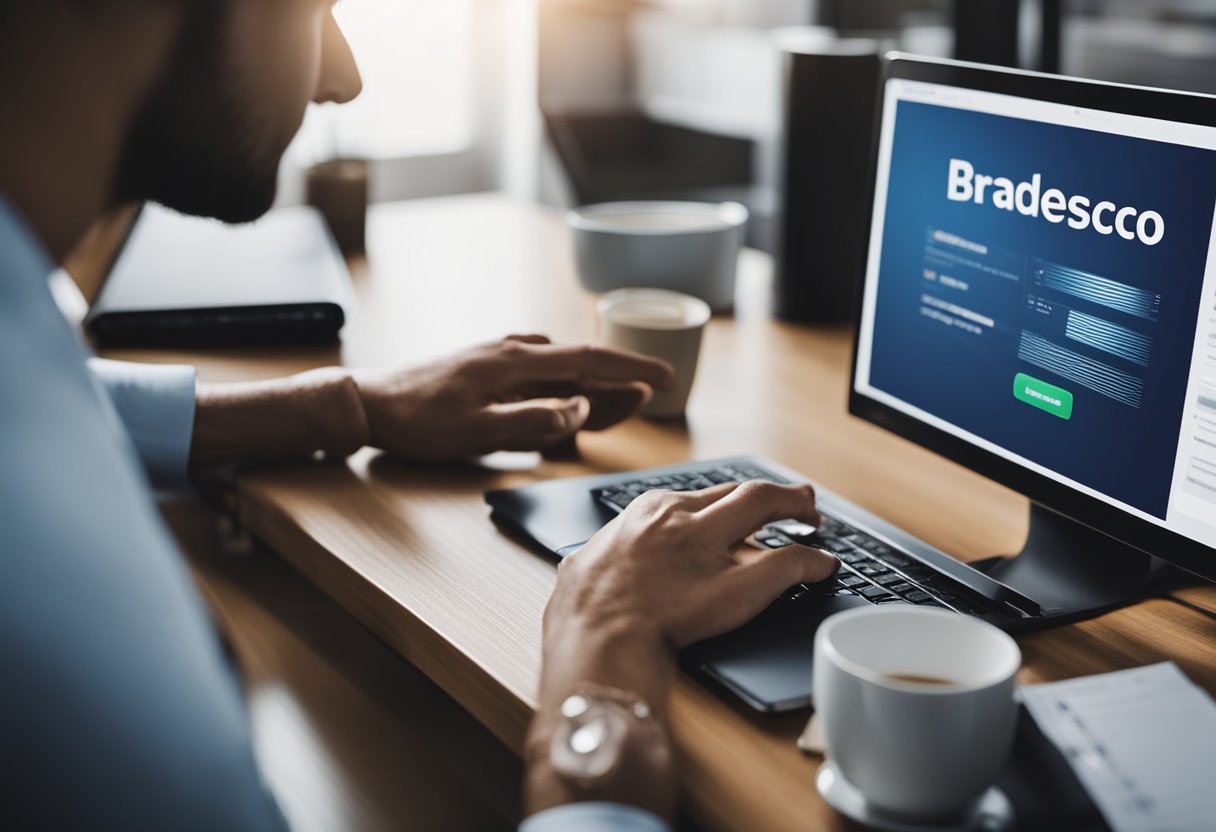 Uma pessoa usando um computador para acessar sua conta Bradesco e navegando até a página de cancelamento de conta