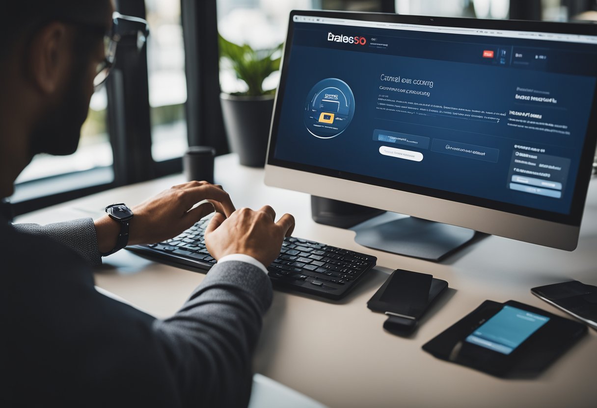 Uma pessoa usando um computador para acessar o site do Bradesco, navegando pelas configurações da conta e selecionando a opção para cancelar a conta.