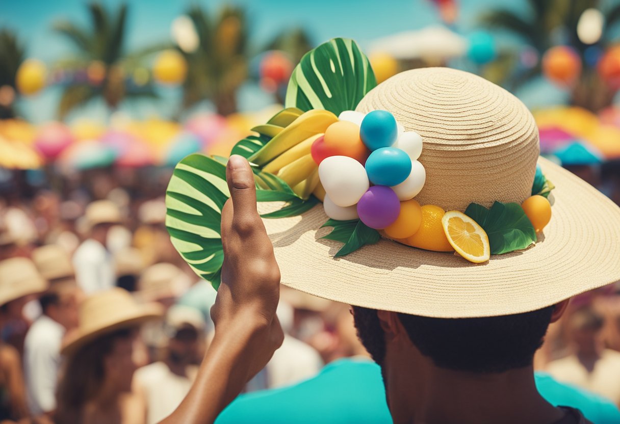 Uma cena de praia tropical com um colorido desfile de carnaval ao fundo, e uma mão cobrindo um cheque com uma bebida tropical e um chapéu de sol por perto