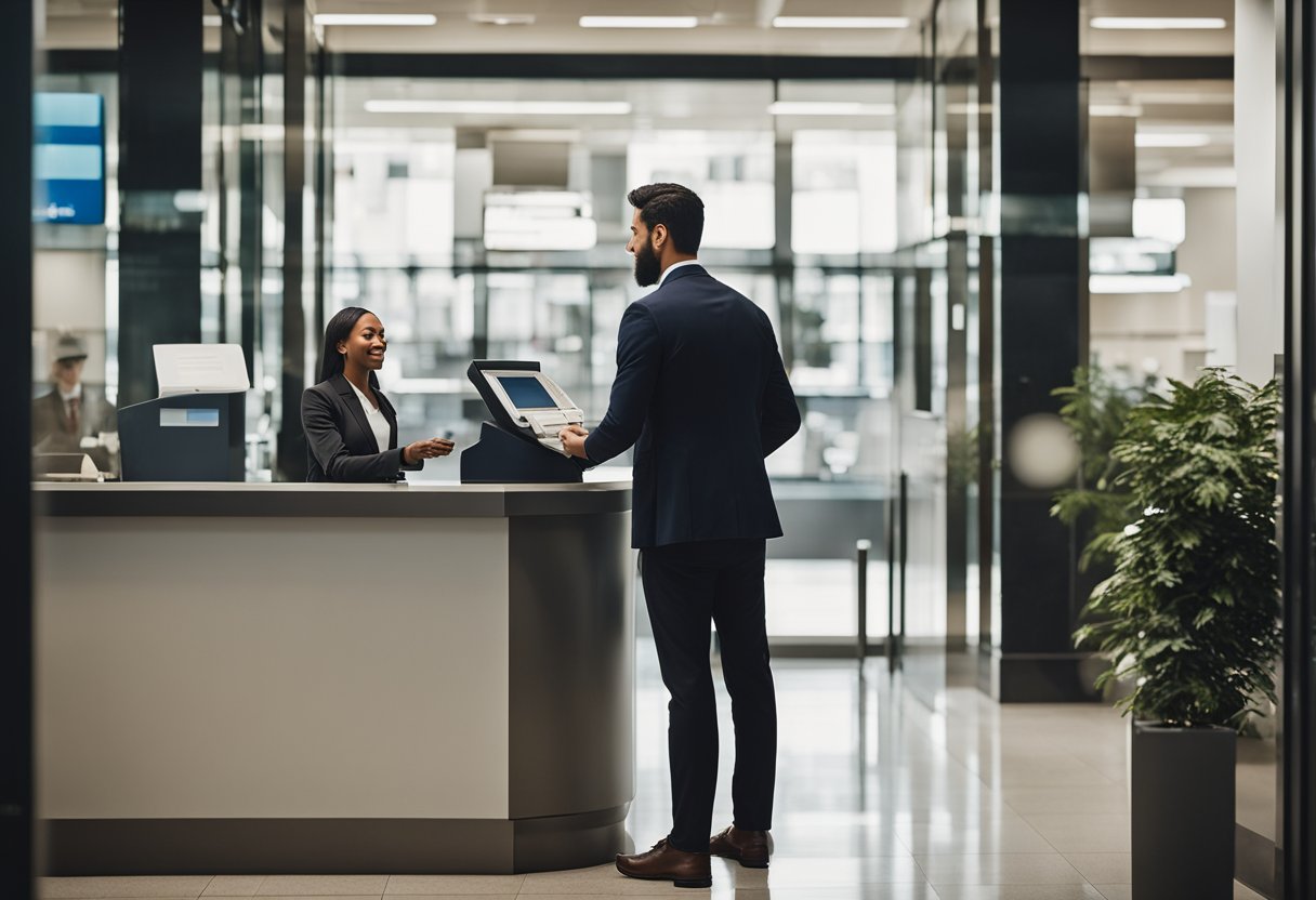Uma pessoa em pé em frente a um banco, segurando um talão de cheques e conversando com um caixa através de uma janela de vidro. O caixa está entregando dinheiro em troca do cheque.