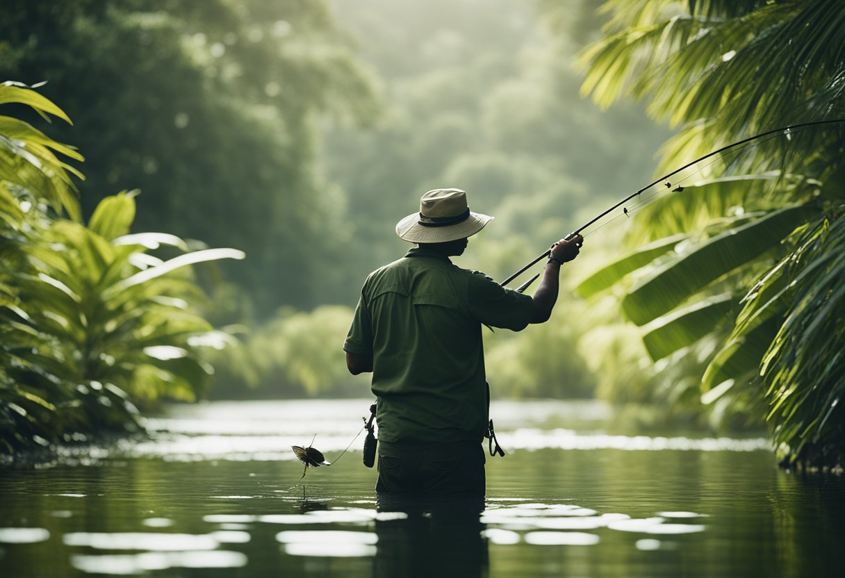 A fisherman casting a fly line into dense tropical cover