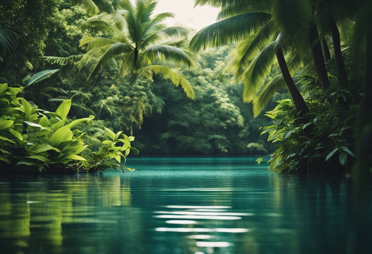 A tropical fishing scene with heavy cover, featuring a fly line in action, surrounded by lush vegetation and clear water
