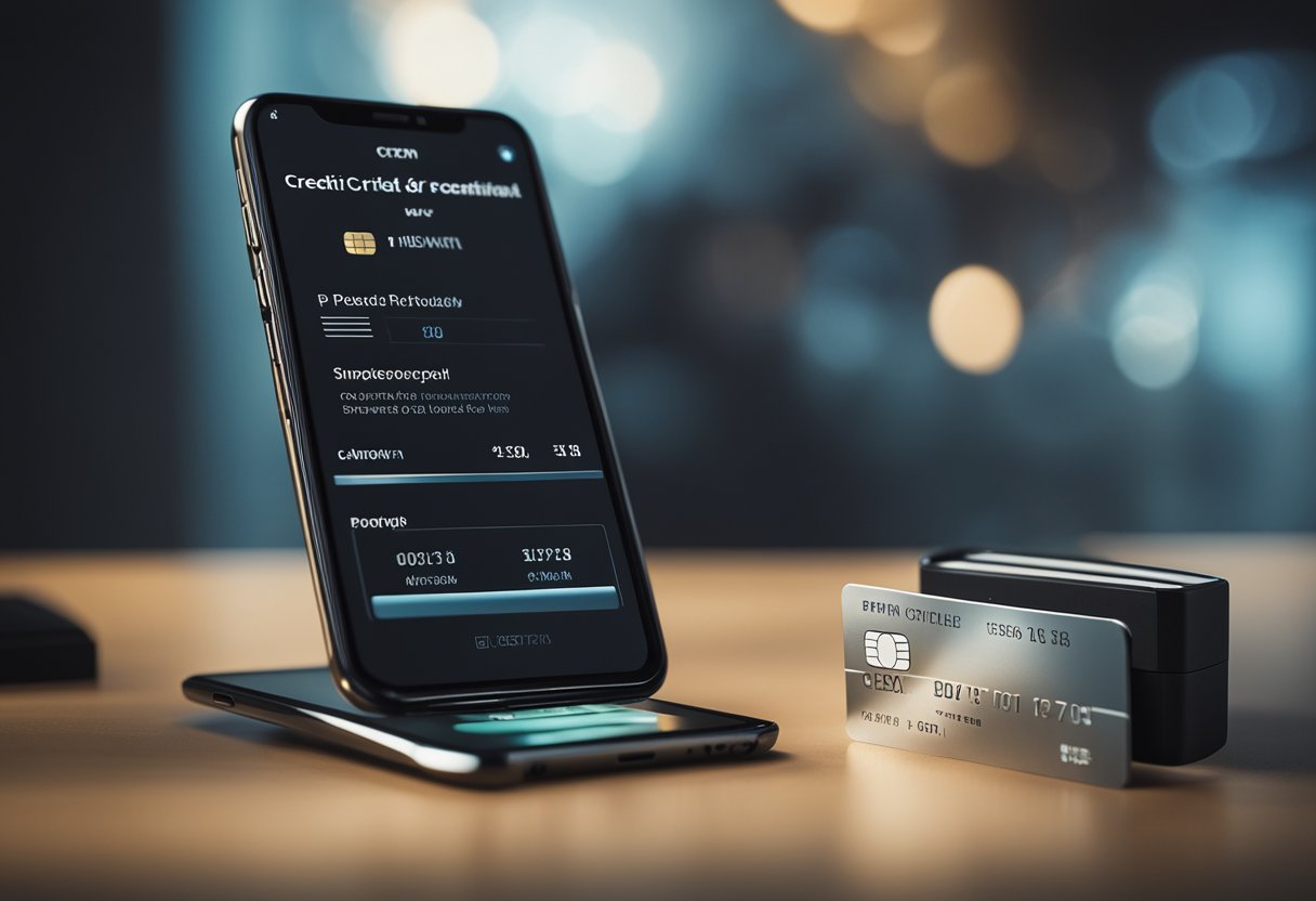 Um smartphone com um aplicativo Pix aberto, um cartão de crédito sendo escaneado e uma mensagem de confirmação aparecendo na tela