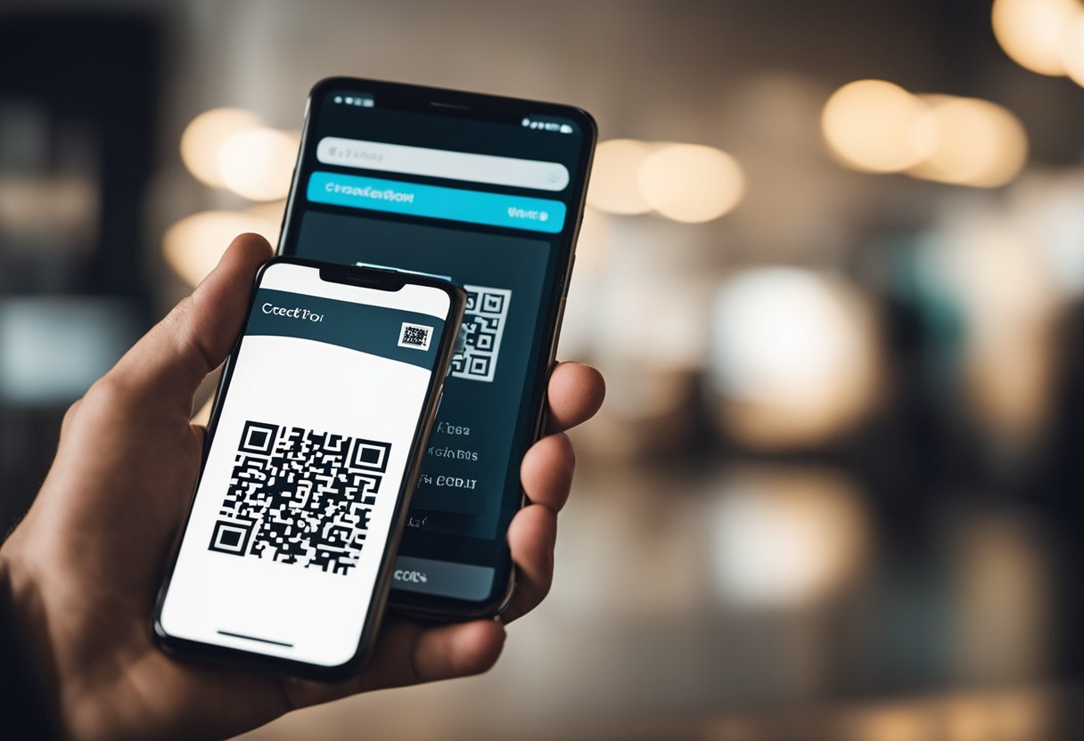 Um smartphone com um código QR exibido na tela, enquanto uma mão segura outro smartphone escaneando o código para adicionar crédito usando PIX.