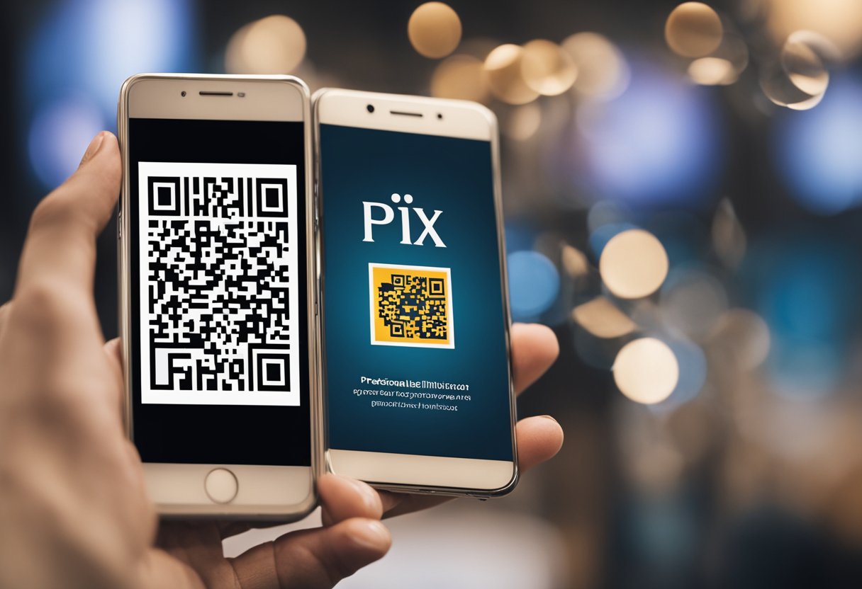 Um smartphone com o aplicativo PIX aberto, um código QR exibido na tela e uma mão segurando outro dispositivo pronto para escanear o código