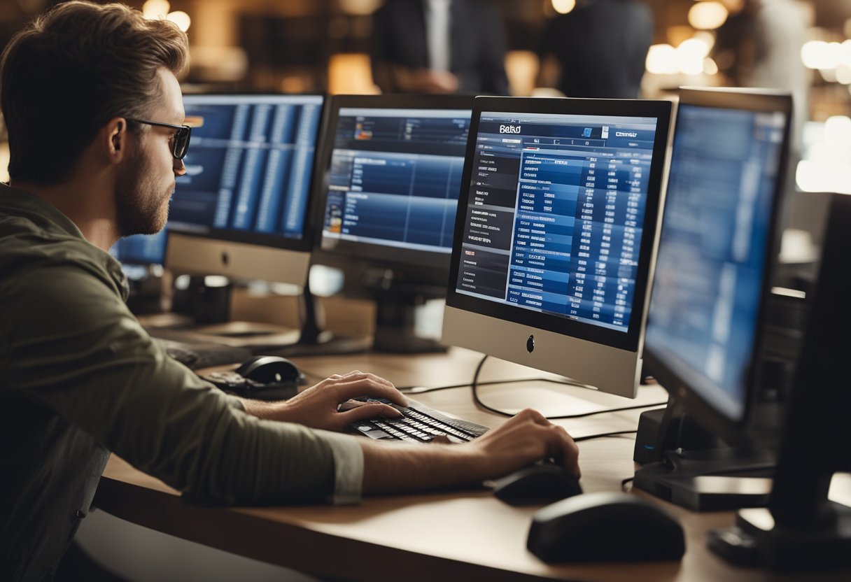 Uma pessoa em um computador fazendo um pedido de cerveja no site da Ambev, com o logotipo da empresa visível na tela.