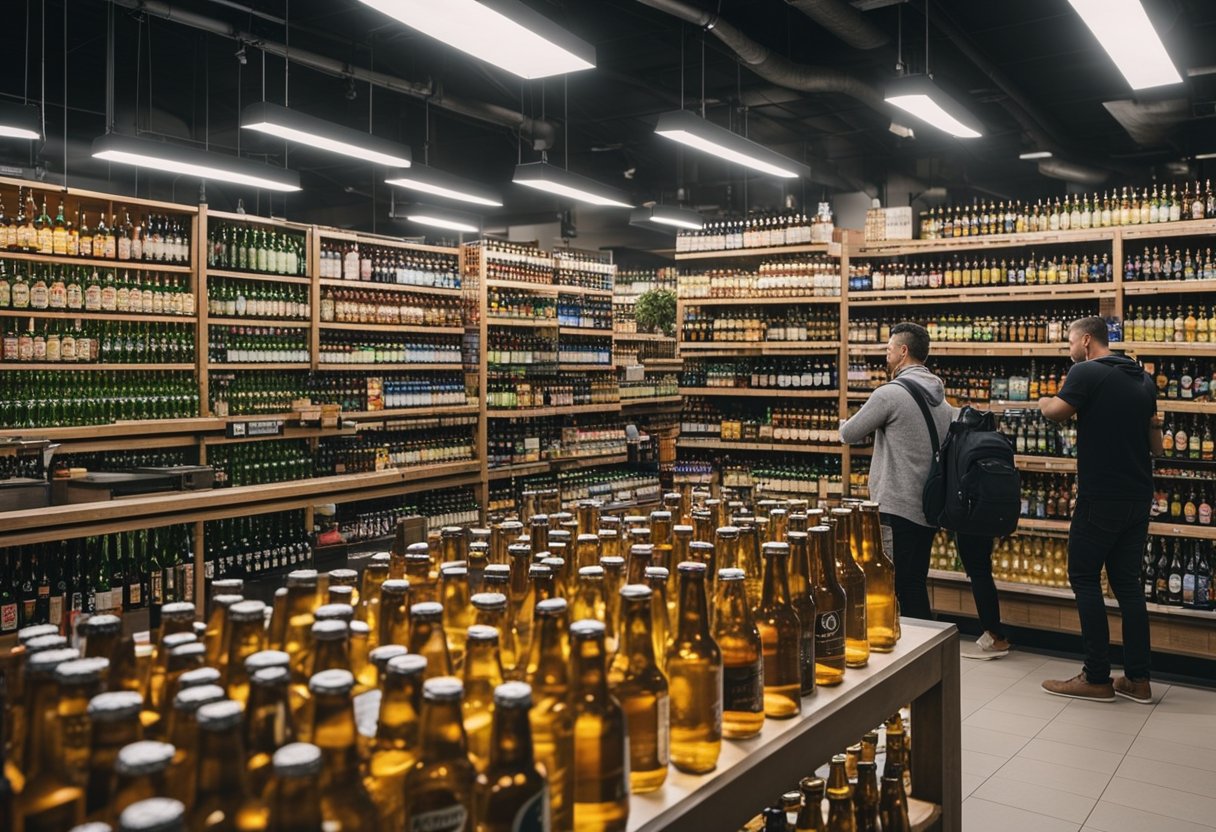 Um mercado movimentado com fileiras de garrafas de cerveja coloridas expostas em prateleiras, com clientes navegando e interagindo com um representante da Ambev.