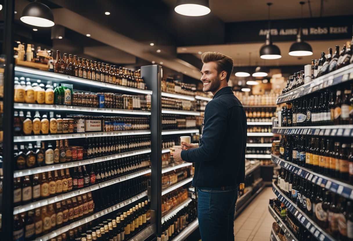 Um cliente selecionando cerveja de uma exibição de produtos da Ambev em uma loja, com um caixa pronto para processar a compra.
