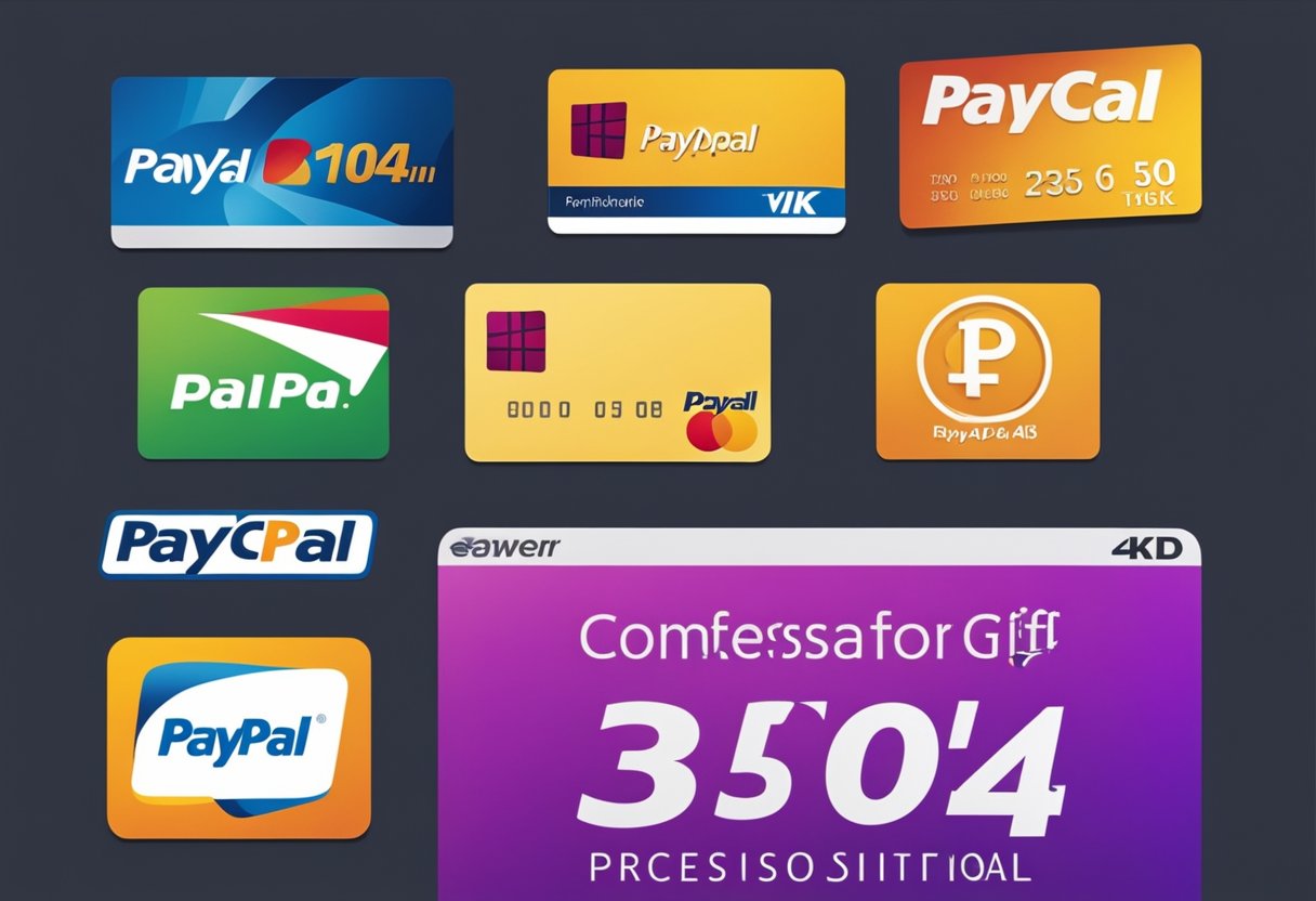 Uma tela de computador exibindo um site com uma variedade de opções de cartões-presente, um logo do PayPal e um botão para concluir a compra