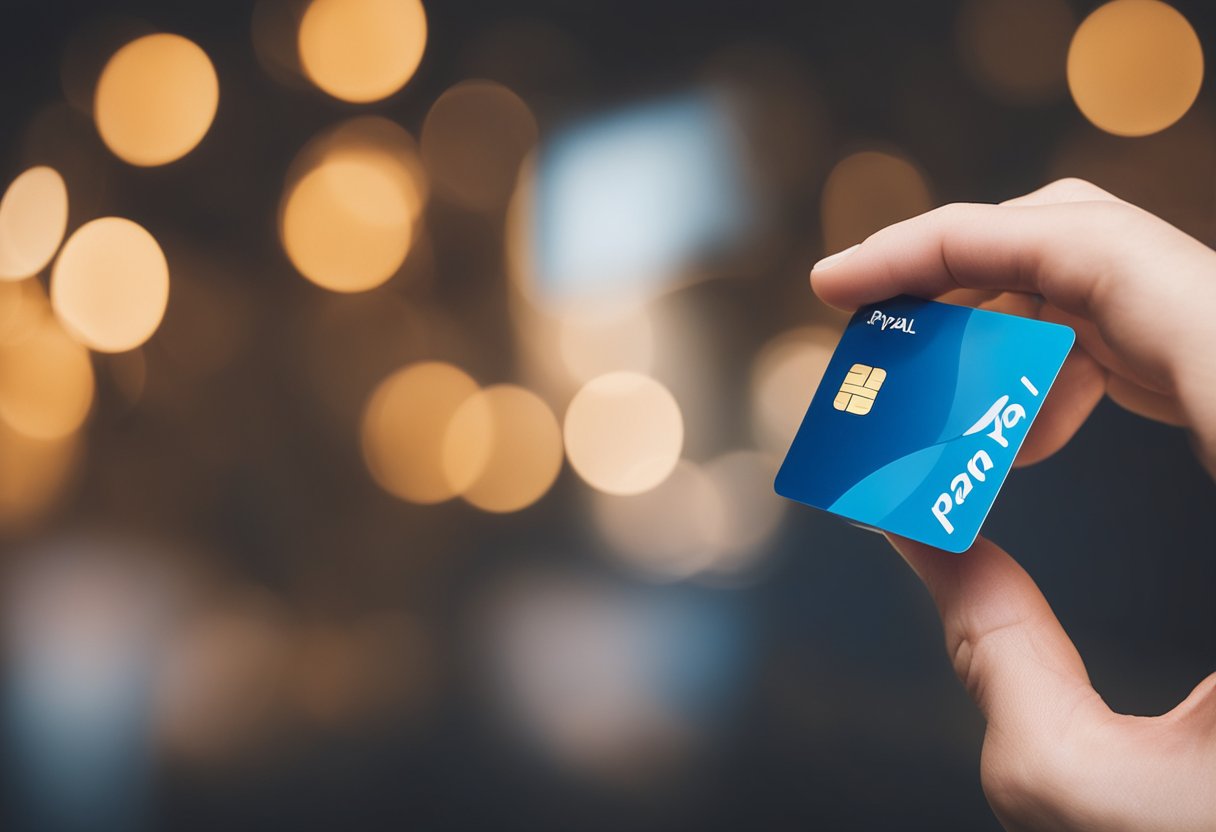 Uma mão segurando um logo do PayPal com um cartão-presente pairando acima dele