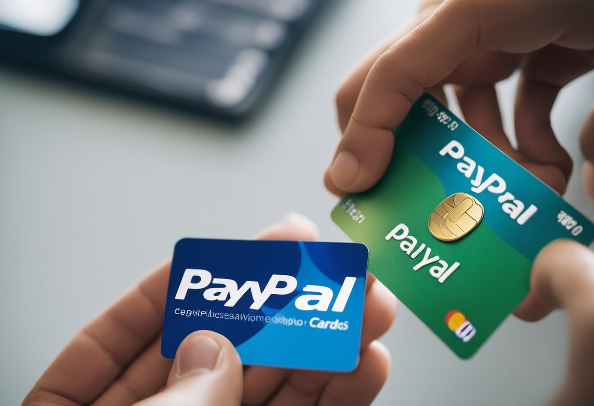 Uma mão segurando um logo do PayPal paira sobre uma seleção de cartões-presente, incluindo várias marcas e valores, exibidos em uma interface digital.