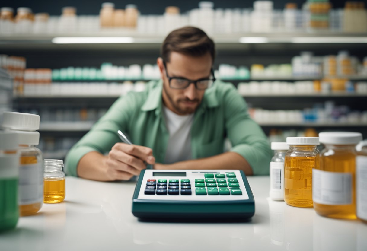 Uma pessoa pesquisando e comparando preços do Ozempic em diferentes farmácias, com uma calculadora e vários frascos de receita em uma mesa.