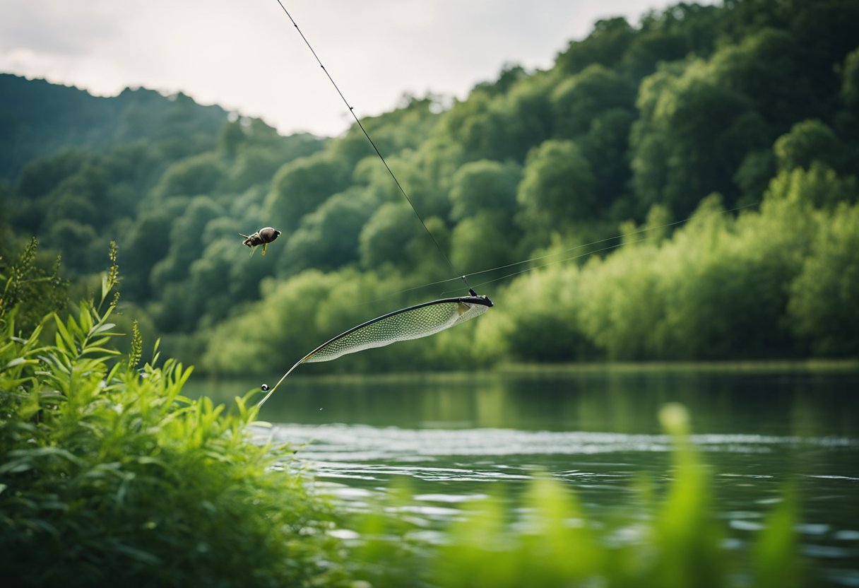 A serene riverbank with a fly fishing line gently gliding through the air, surrounded by lush greenery and the peaceful sounds of nature