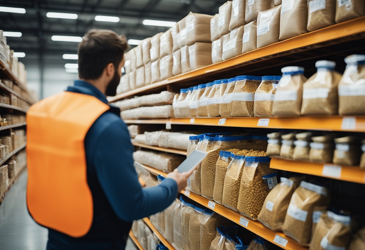 Um cliente em pé na warehouse de um distribuidor, apontando para sacos de ração para pets empilhados nas prateleiras, enquanto um trabalhador prepara o pedido.