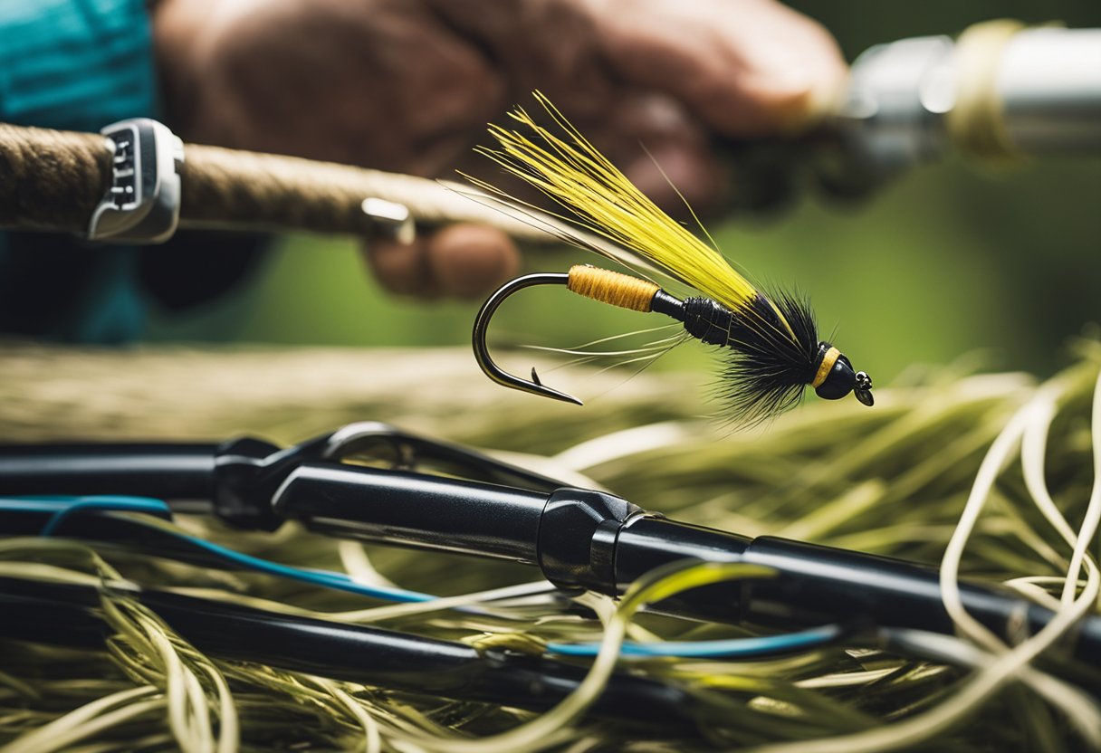 A fly fisherman carefully selects the appropriate weight of fly line for euro nymphing, comparing options from Scientific Anglers and Rio
