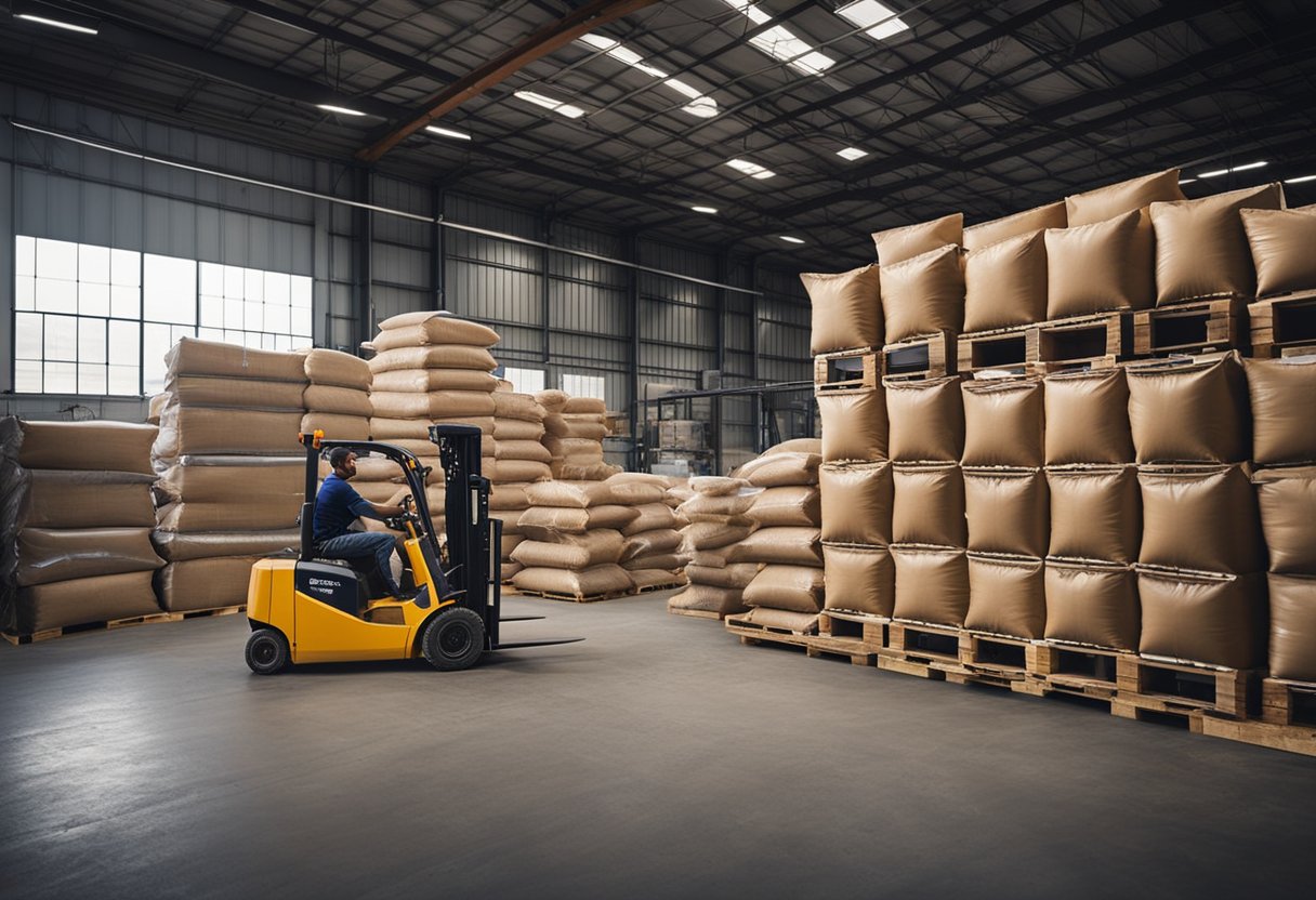 Um armazém movimentado com pilhas de sacos de ração animal variados, empilhadeiras movendo paletes e trabalhadores carregando caminhões para distribuição.