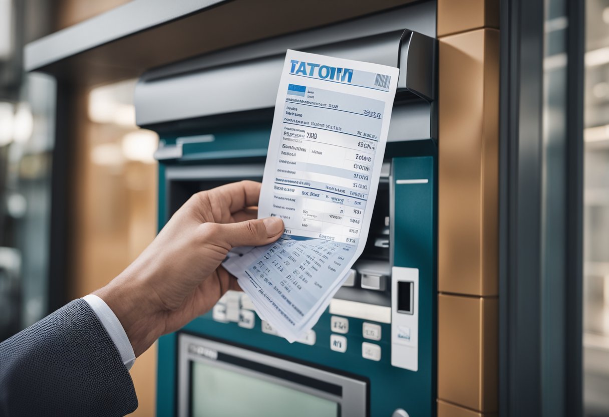 Uma pessoa segurando um extrato bancário com um saldo visível e histórico de transações, enquanto está em frente a uma agência bancária ou caixa eletrônico.