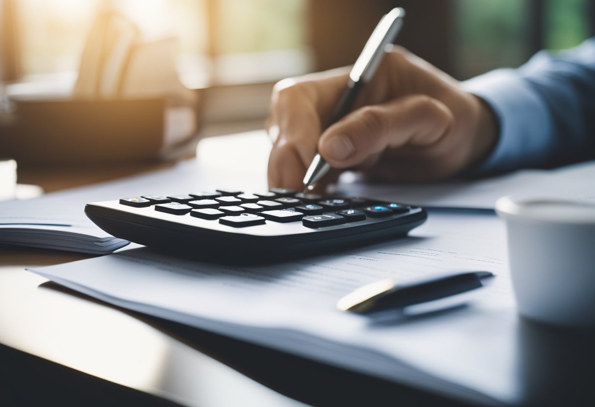 Uma pessoa sentada em uma mesa, olhando para um extrato bancário com uma calculadora e uma caneta por perto