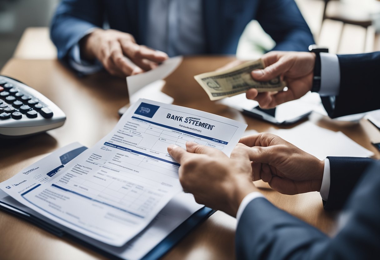 Uma pessoa apresentando um extrato bancário a um agente financeiro para verificação de renda