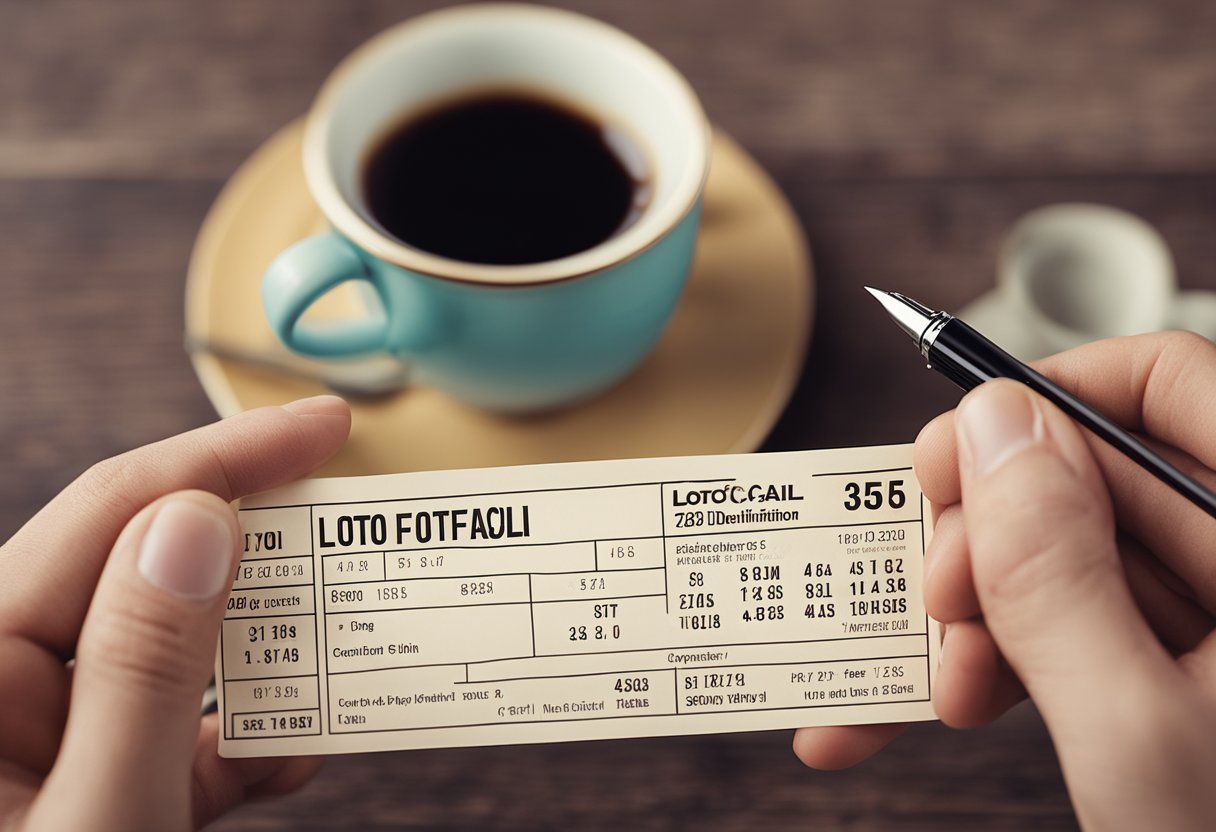 Uma mão segurando um bilhete da lotofacil, com uma caneta circulando os números escolhidos em uma mesa com uma xícara de café