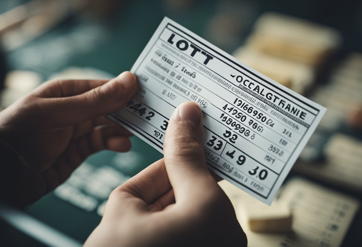 Uma pessoa segurando um bilhete de loteria, conferindo os números com uma lista em papel ou digital de números vencedores do jogo Lotofácil.