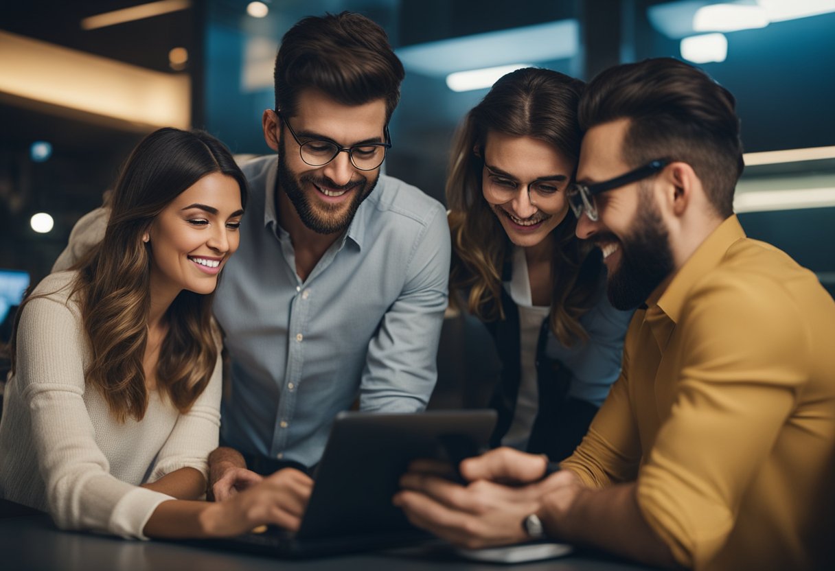 Um grupo de pessoas se reúne em torno de um computador ou dispositivo móvel, verificando os resultados do Bolão da Caixa no site oficial.