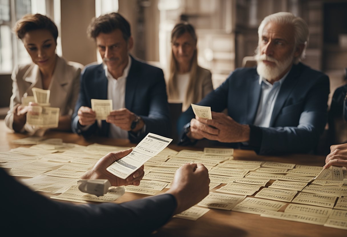 Um grupo de pessoas se reúne em torno de uma mesa, examinando bilhetes de Bolão impressos e conferindo os números com uma lista fornecida pela Caixa.