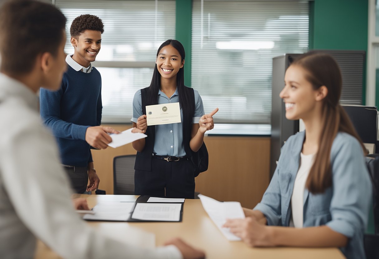 Um estudante em pé em frente a um escritório da escola, recebendo um certificado de matrícula de um administrador escolar.