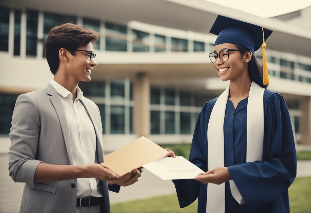 Um estudante em pé em frente a um prédio escolar, segurando um certificado ou diploma, com um professor ou funcionário da escola entregando-o a ele.
