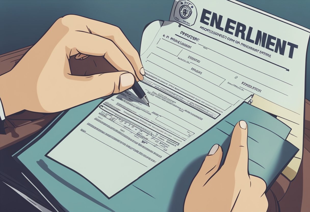 Uma pessoa entregando um formulário a um administrador escolar, que está carimbando e assinando um documento rotulado como "Comprovante de Matrícula."