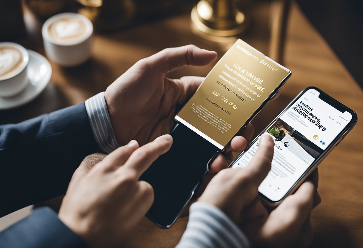 Um cliente segurando um smartphone, navegando no site da Magazine Luiza, com o cartão dourado exibido em destaque na tela