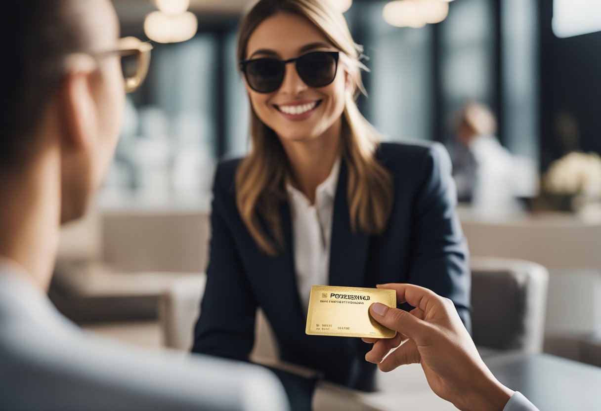 Um cliente recebendo um cartão de ouro de um representante da Magazine Luiza