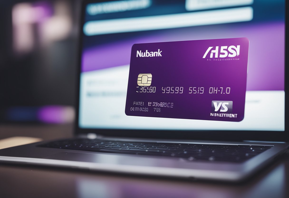 Um cartão de débito do Nubank em cima de uma mesa ao lado de uma tela de computador exibindo um extrato bancário digital