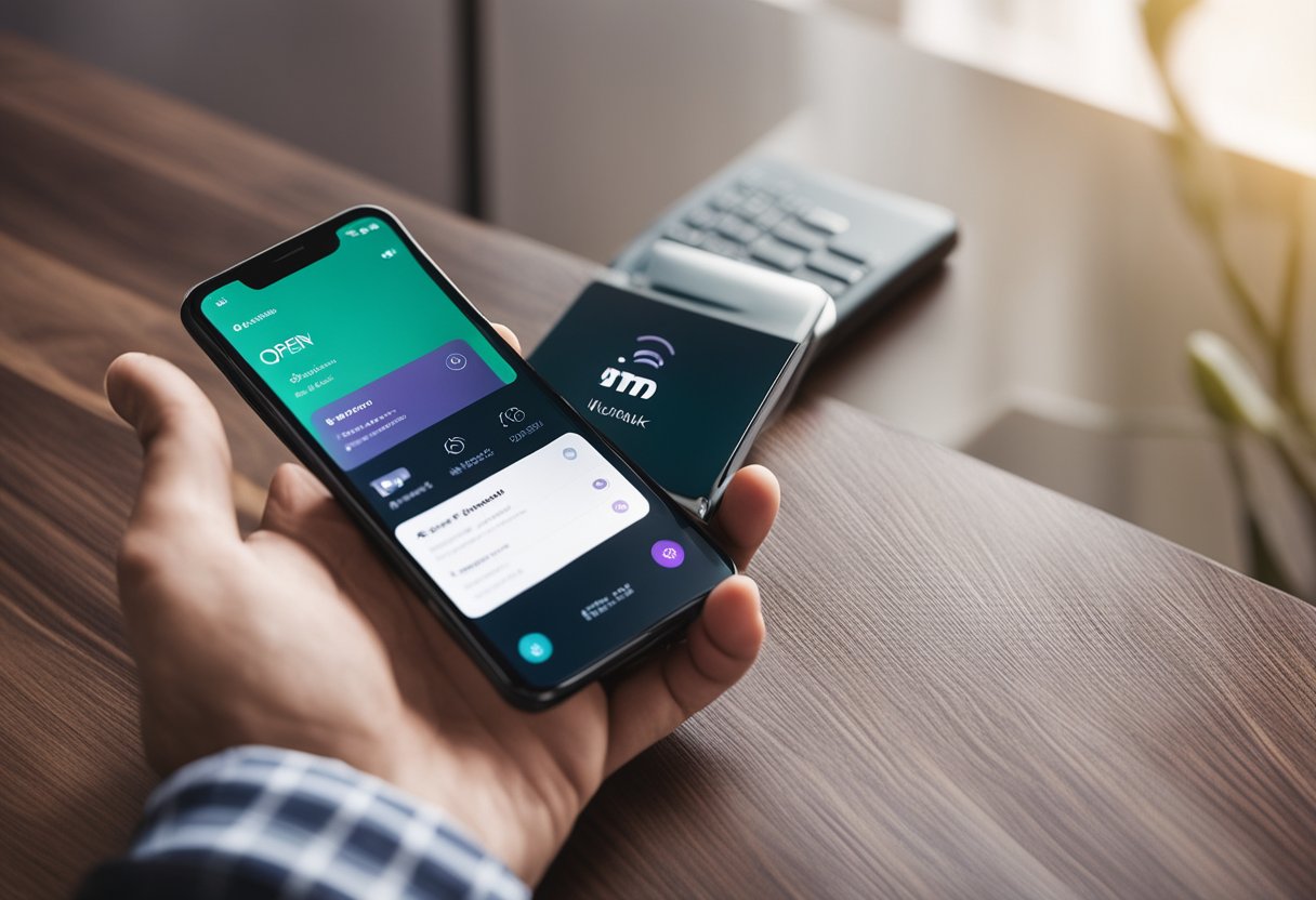 Uma mão alcançando um smartphone com o aplicativo do Nubank aberto, tocando na seção "Conta" para acessar o comprovante da conta corrente do Nubank.