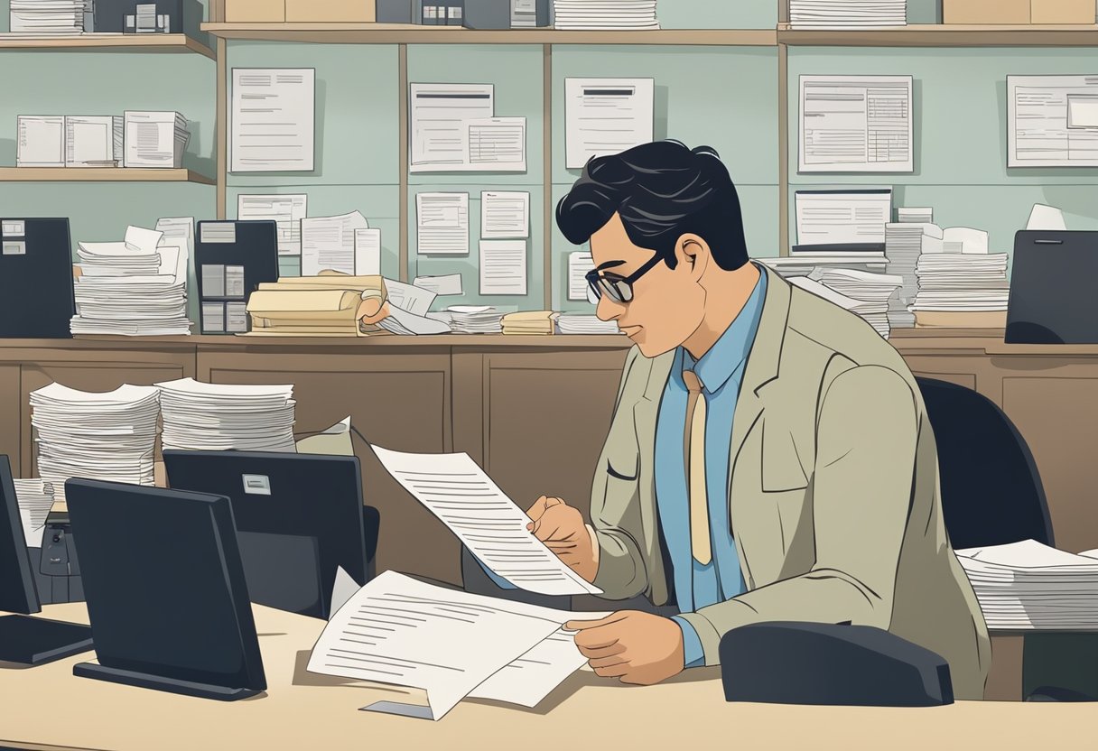 Uma pessoa preenchendo um formulário em um escritório do governo, conversando com um funcionário atrás de uma mesa.