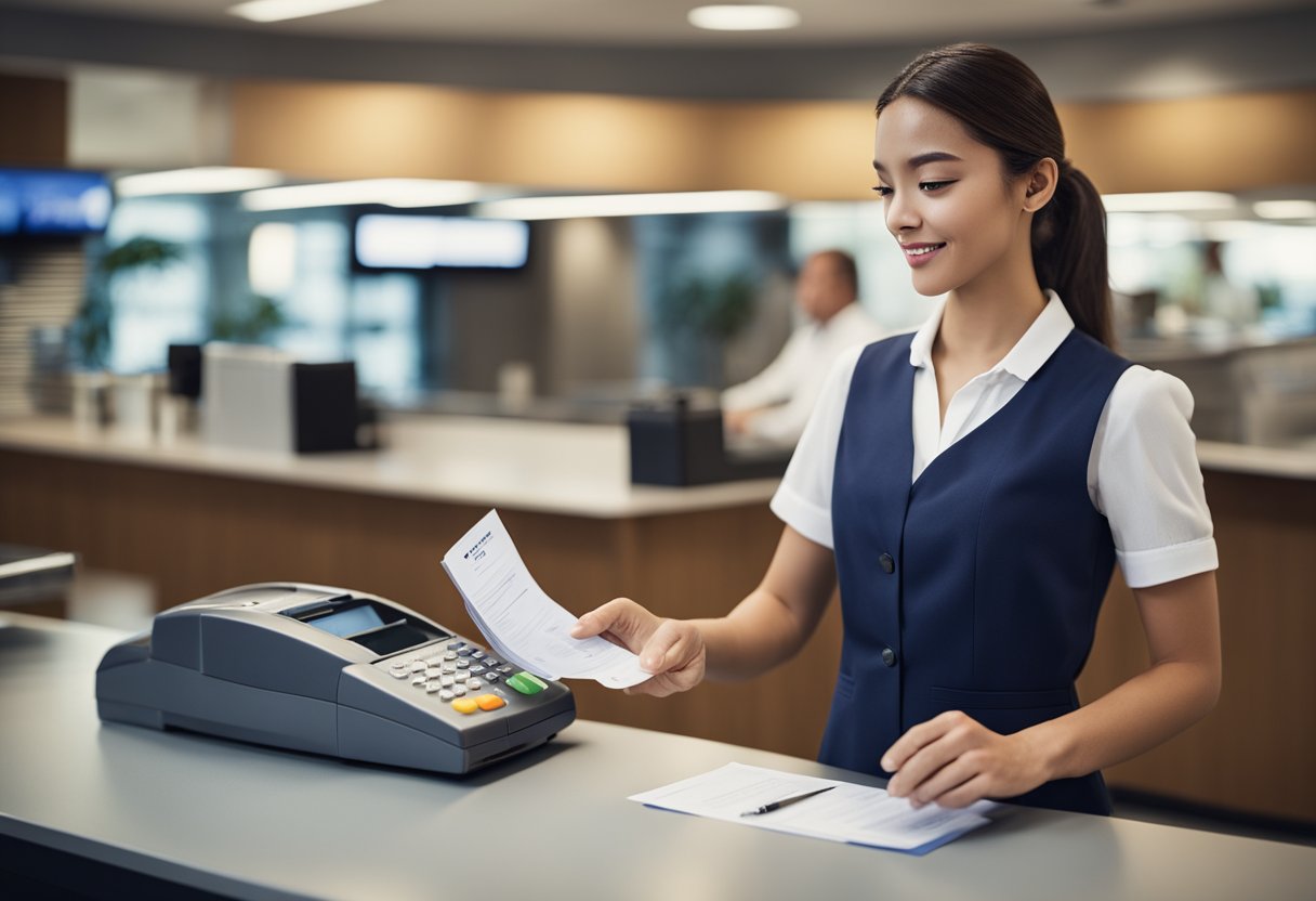 Uma pessoa em pé em um balcão de banco recebendo um extrato bancário impresso de um caixa.