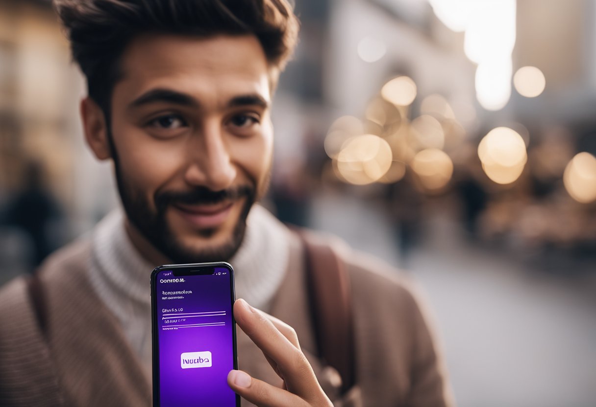 Uma pessoa segurando um cartão Nubank e um smartphone, olhando para o aplicativo com uma expressão esperançosa.