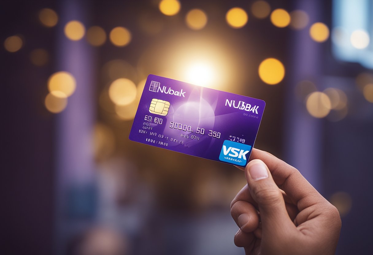 Uma pessoa sorrindo enquanto segura um cartão Nubank, com uma nota de 400 reais flutuando acima dele, cercada por um halo de luz.