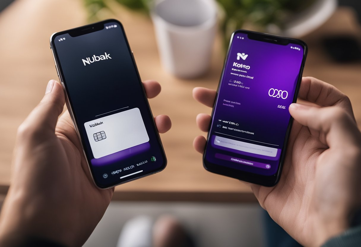 Uma pessoa segurando um cartão Nubank e sorrindo enquanto olha para um smartphone com o aplicativo Nubank aberto, mostrando um novo limite de crédito aumentado de 400 reais.