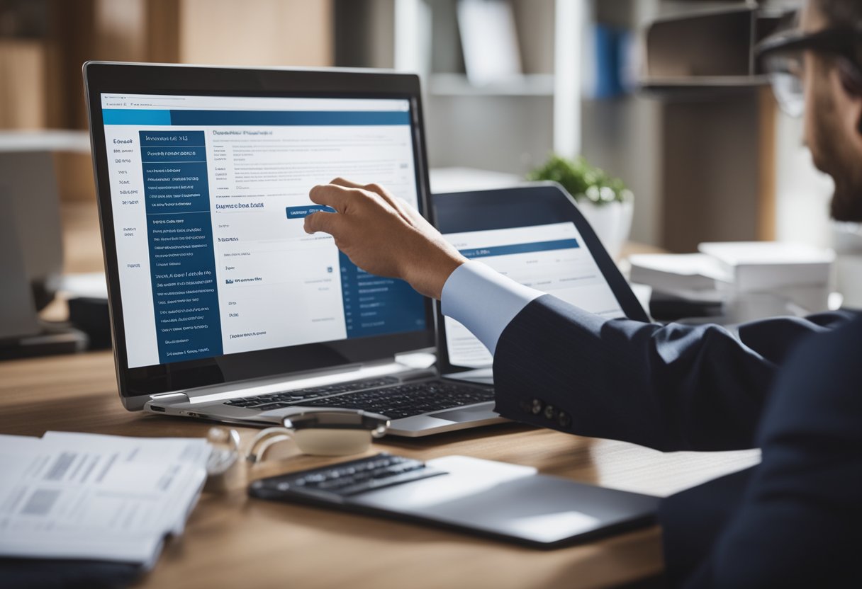 Um advogado consultando documentos legais e usando um computador para buscar processos de pensão alimentícia utilizando um número de CPF