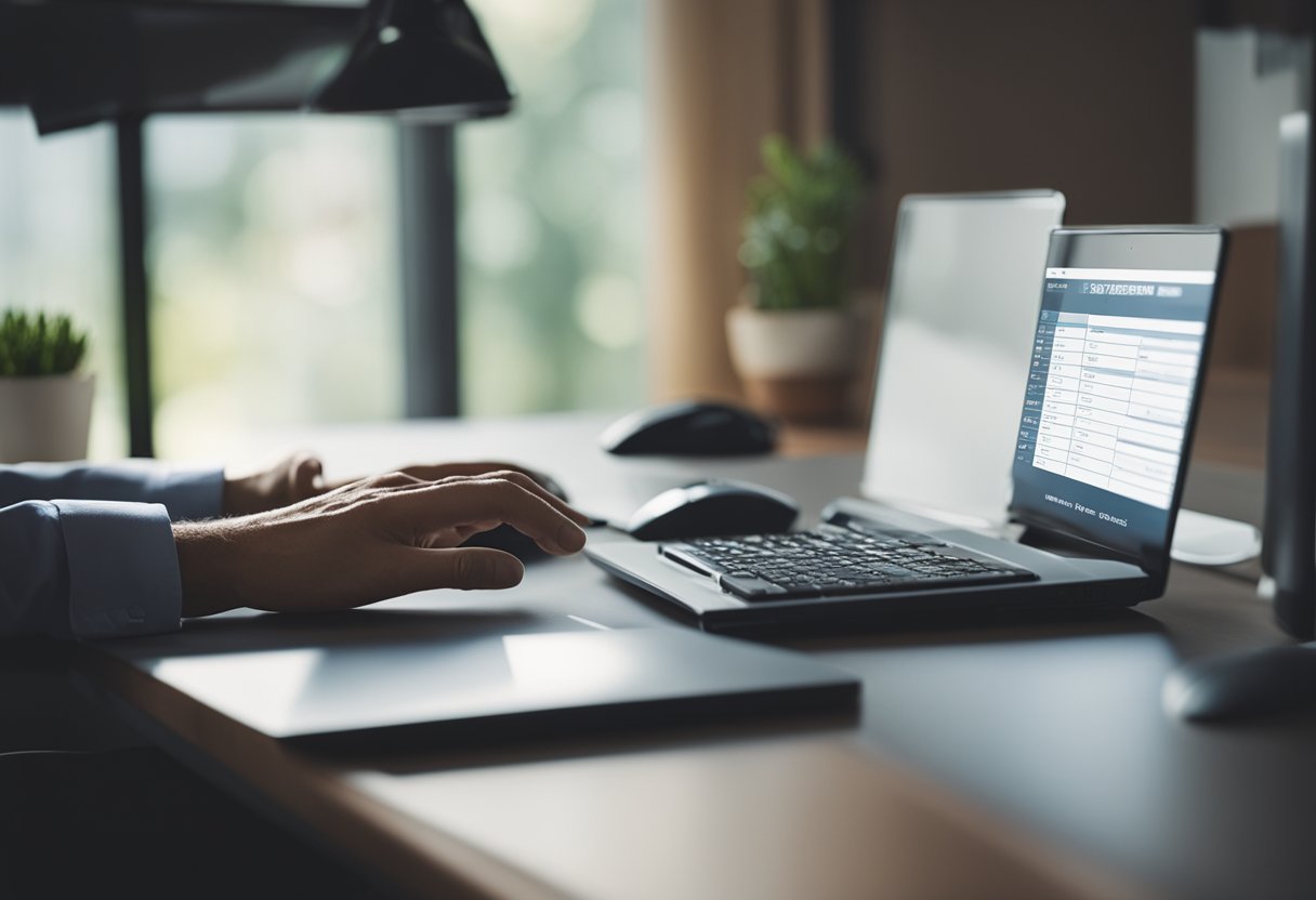 Uma pessoa sentada em uma mesa com um computador, inserindo um número de CPF para buscar informações sobre pagamento de pensão alimentícia.