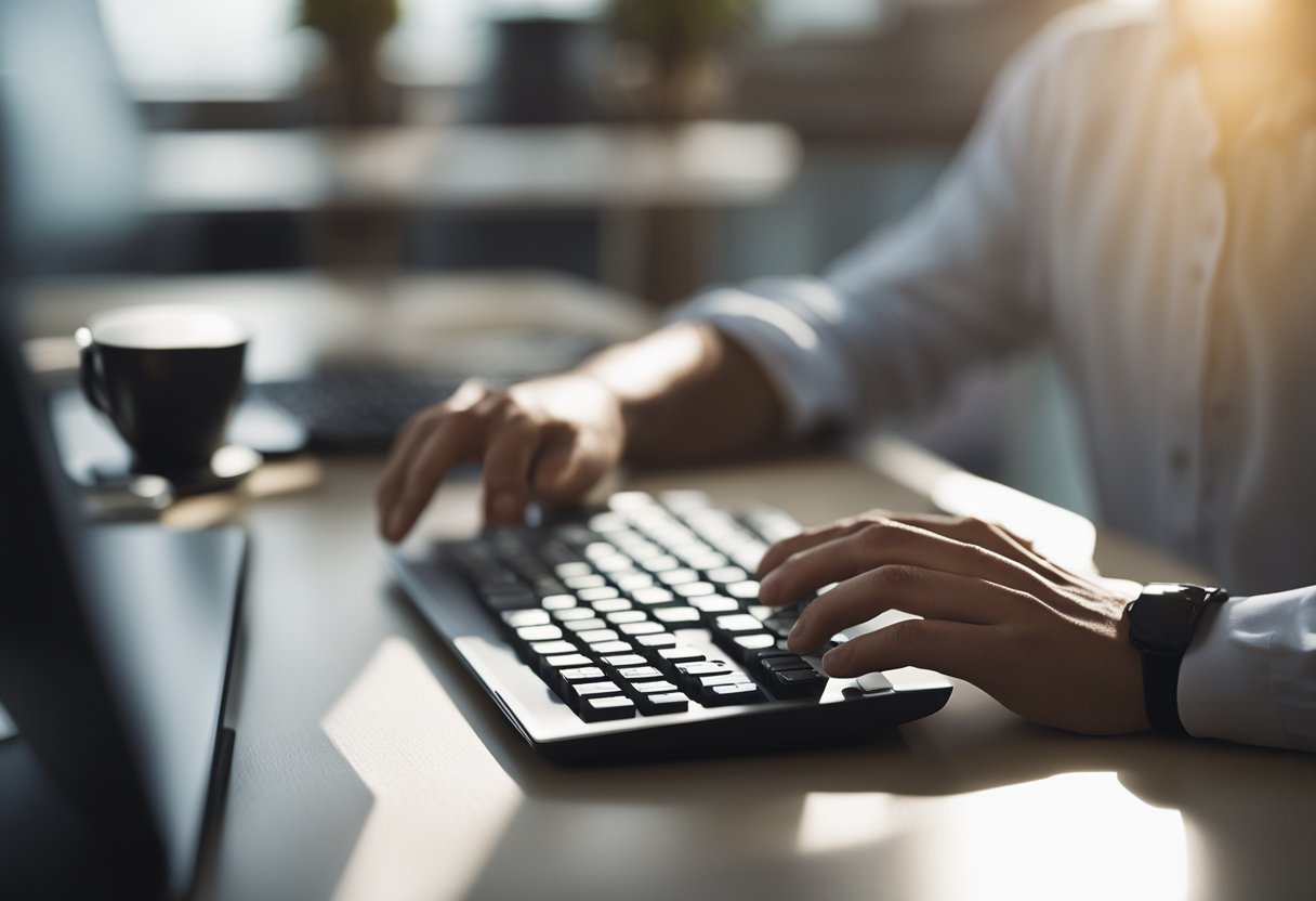 Uma pessoa sentada em uma mesa com um computador, digitando seu número de CPF para acessar o site do seguro desemprego.