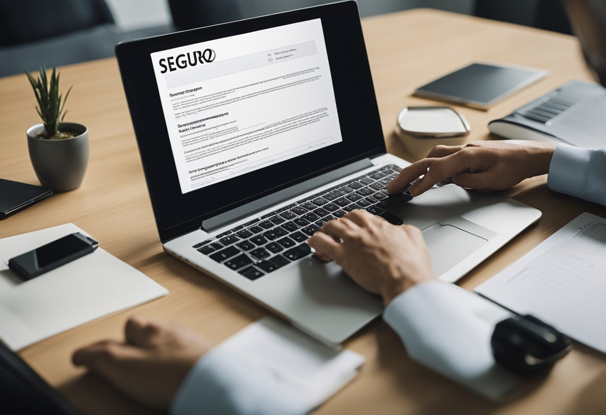 Uma pessoa sentada em uma mesa, digitando em um computador, com um número de CPF exibido na tela e um documento rotulado "Seguro Desemprego" na mesa.