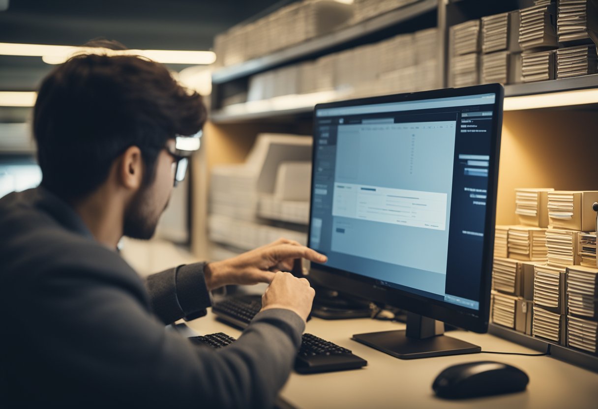 Uma pessoa usando um computador para acessar o sistema postal, procurando taxas de importação