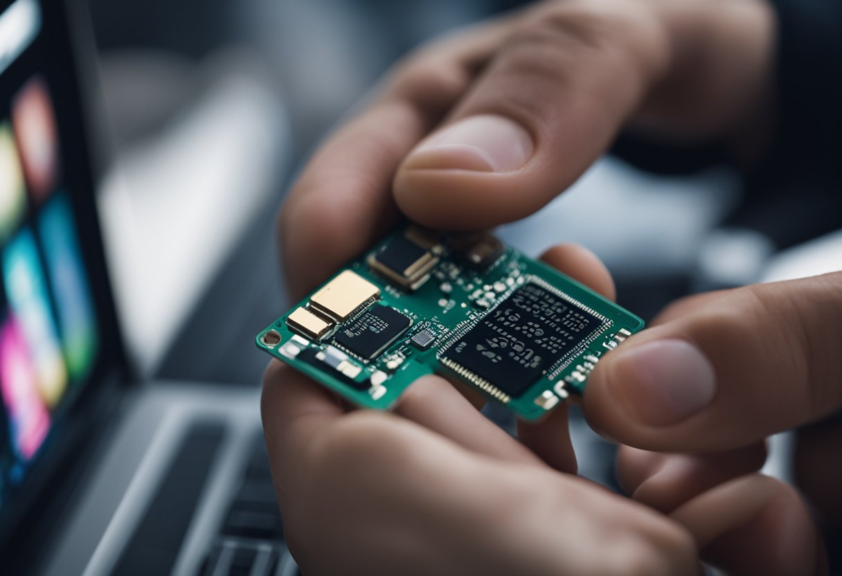 Uma pessoa inserindo um cartão SD com defeito em um Mac, depois solucionando o problema com diferentes métodos para consertar a questão.