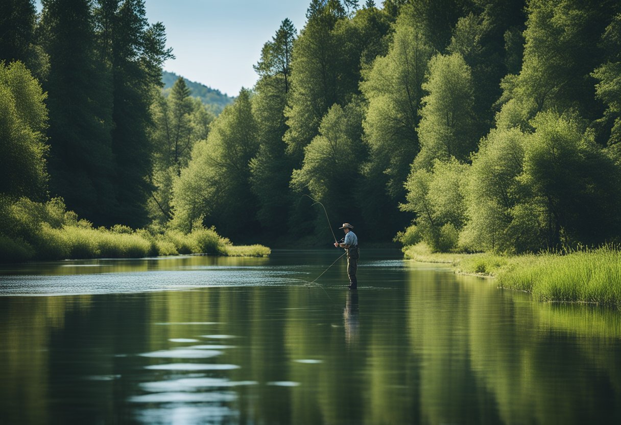 A tranquil river with a beginner fly fisher casting different weighted lines into the water, surrounded by lush greenery and a clear blue sky