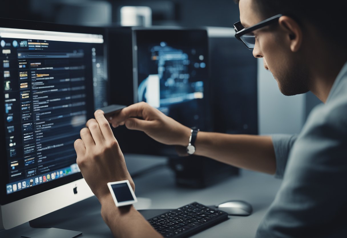 Uma pessoa inserindo um cartão SD com defeito em um computador Mac, com uma expressão perplexa no rosto enquanto o computador não consegue reconhecê-lo.