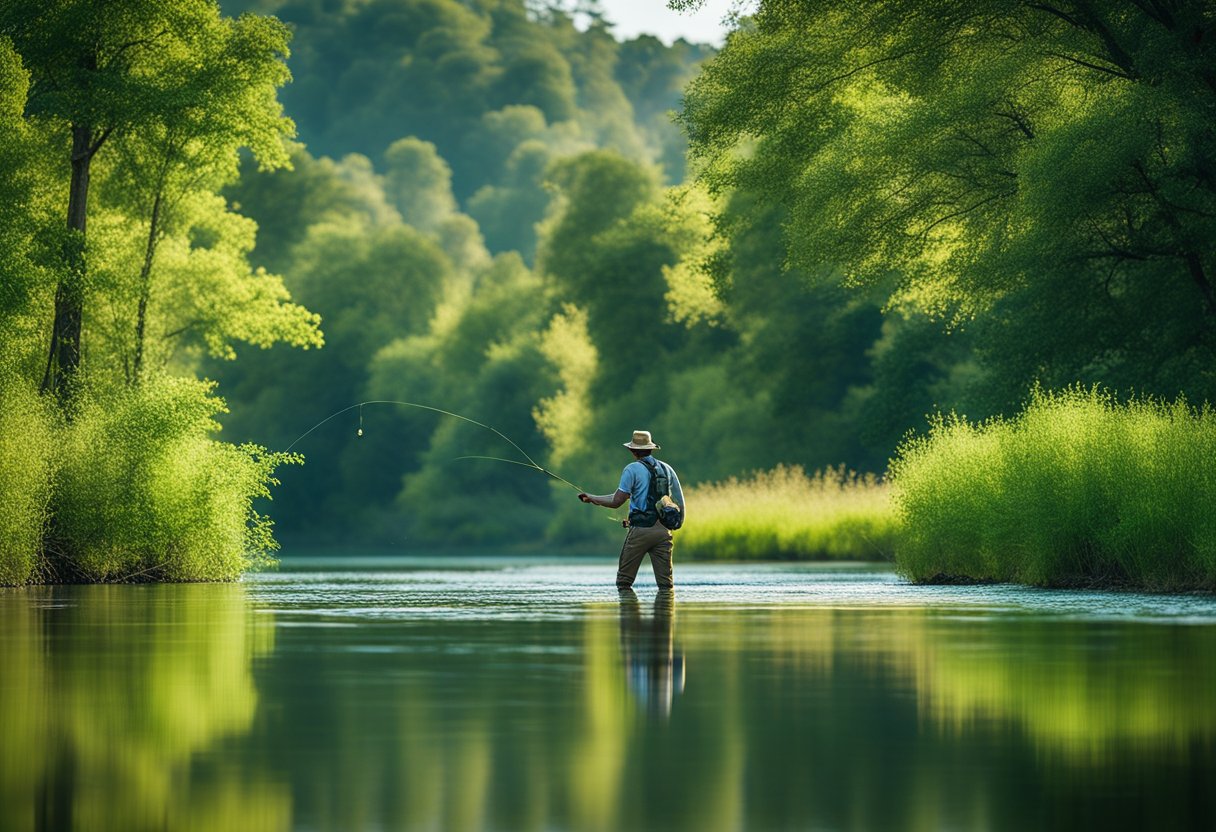 A serene riverbank with a fly fisherman casting different weighted lines into the water, surrounded by lush greenery and a clear blue sky