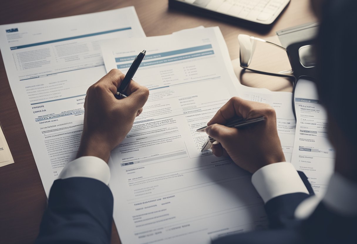 Uma pessoa preenchendo documentos em uma mesa com uma caneta e documentos de seguro espalhados à sua frente.